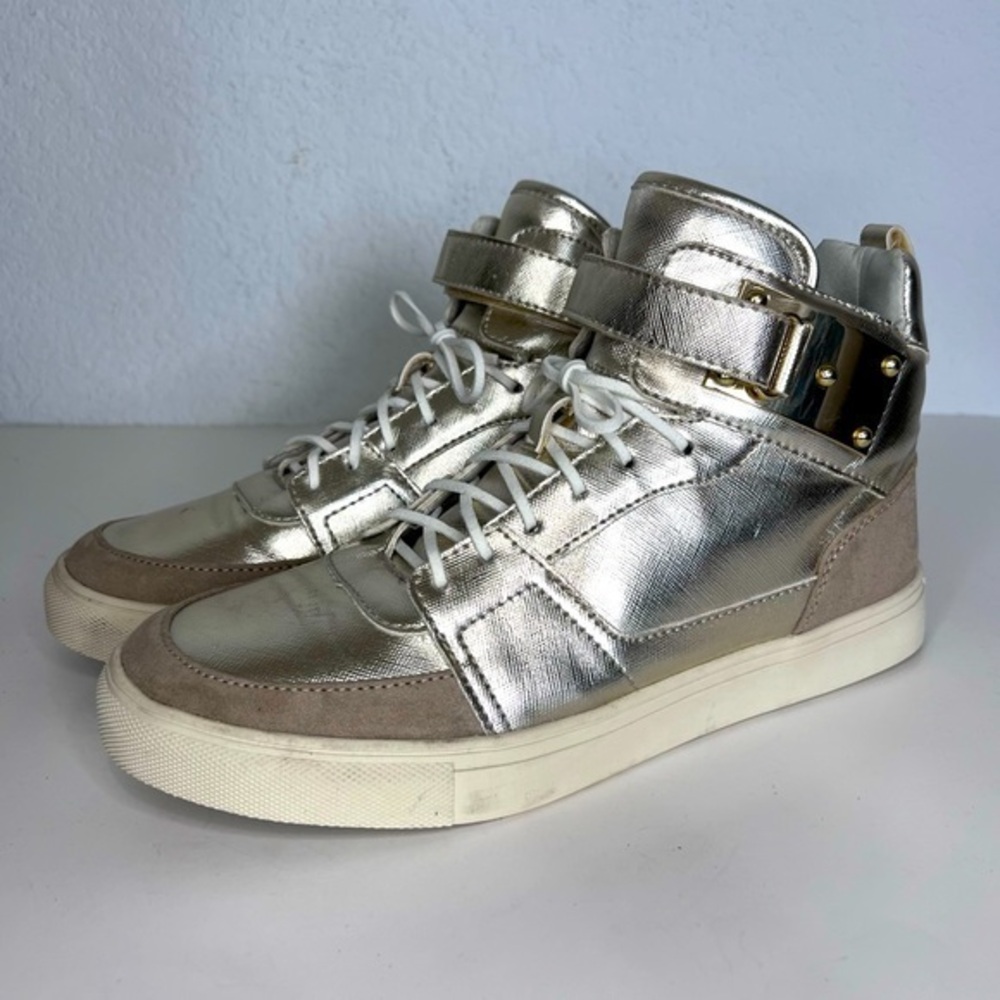 Madden Girl Metallic Gold Adorree High Top Sneakers White Laces  7.5